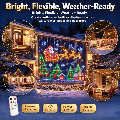 Christmas LED House Net Lights 1x1m – 400 RGB Outdoor Curtain Lights with Remote, Timer & Dynamic Effects – Turn Your Home into a Colourful Christmas Wonderland