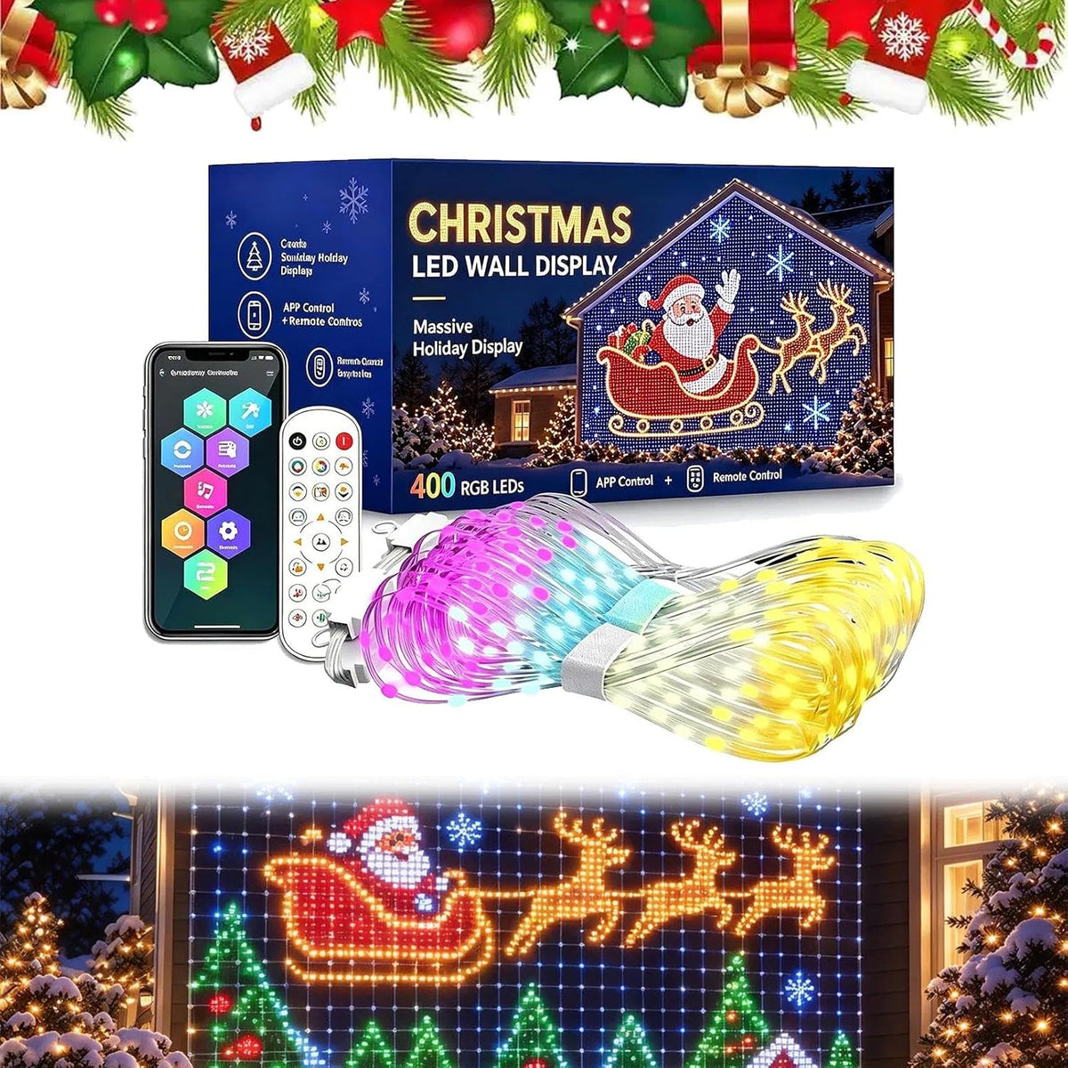 Christmas LED House Net Lights 1x1m – 400 RGB Outdoor Curtain Lights with Remote, Timer & Dynamic Effects – Turn Your Home into a Colourful Christmas Wonderland