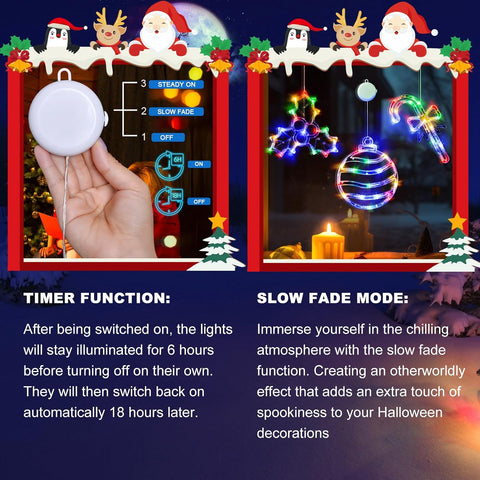 Christmas Window Lights, 3 Pack Multicoloured Ball, Holly Berry & Candy Cane with Suction Cup, Timer Function & Slow Fade Mode – Battery Operated LED Window Decorations