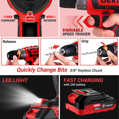 Cordless Drill Tool Kit Set: DEKO 20V Power Drill Tool Box with Battery Electric Drill Driver for Men Home Hand Repair Basic Toolbox Tools Sets Drills Case,186 Pieces(Red)