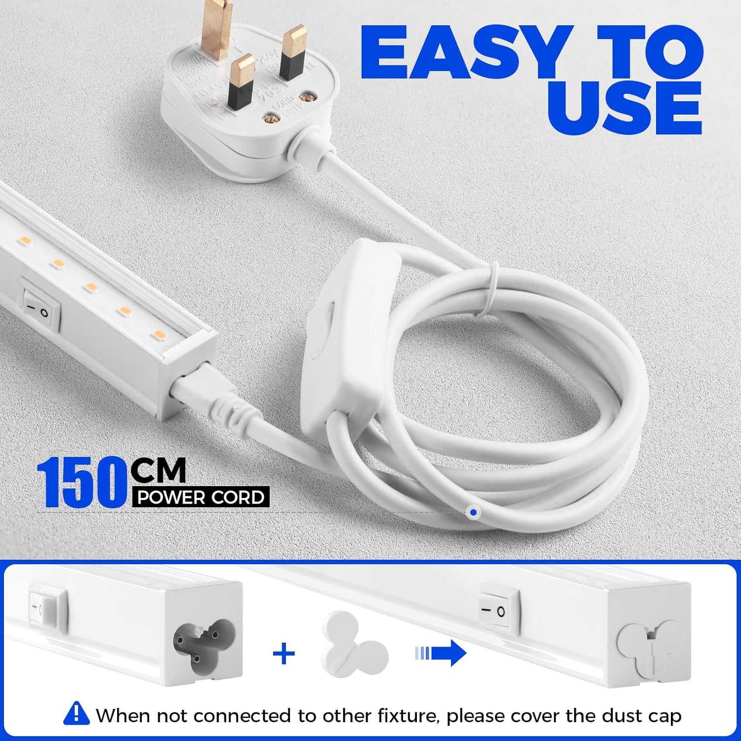 White power cord with connectors on a gray background, labeled 'Easy to Use' and '150 CM Power Cord'.