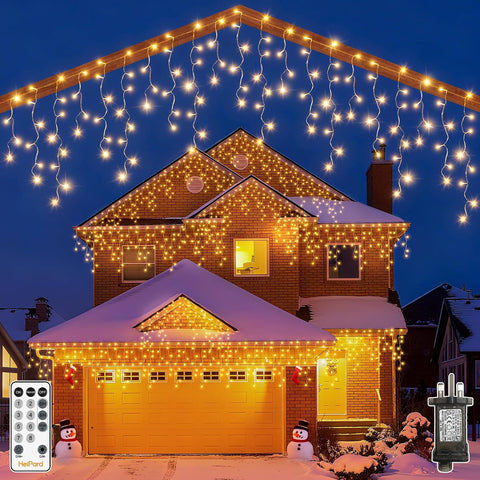 HeiPard 20m Outdoor Christmas Icicle Lights – 486 LED Warm White with Remote Control, 8 Modes, Timer & IP44 Weather Resistance - Turn Your Roofline Into a Warm Winter Welcome