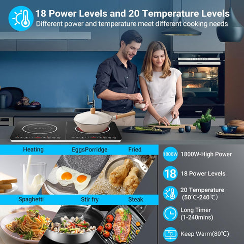 Aobosi Double Induction Hob 2800W Black Glass Panel – 20 Temp Settings, 2 Burners, Safety Lock
