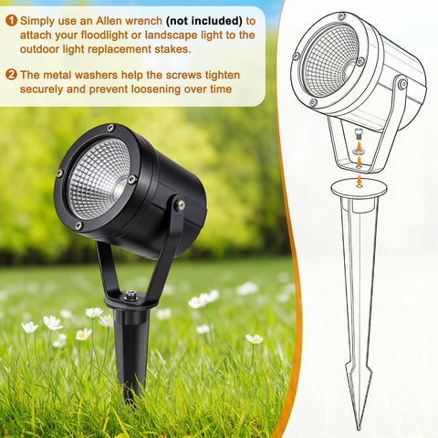 M METERXITY 8-Pack Metal Flood Light Ground Stake, 1.7" Diameter x 8.3" Height Outdoor Light Stakes Replacement for Landscape/Garden/Yard/Lawn/Pathway [Black]