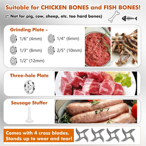 Anatole 1300W Electric Meat Grinder – Stainless Steel Mincer with 6 Grinding Plates (4–12mm), 4 Blades & Sausage Stuffer