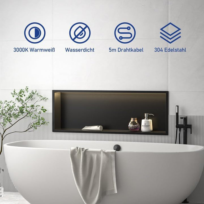 Wall Recess Shower Stainless Steel with LED Strip Light, 90 Cm X 30 Cm, Waterproof, No Tiles Required, Bathroom Storage, Niche, Matt Black