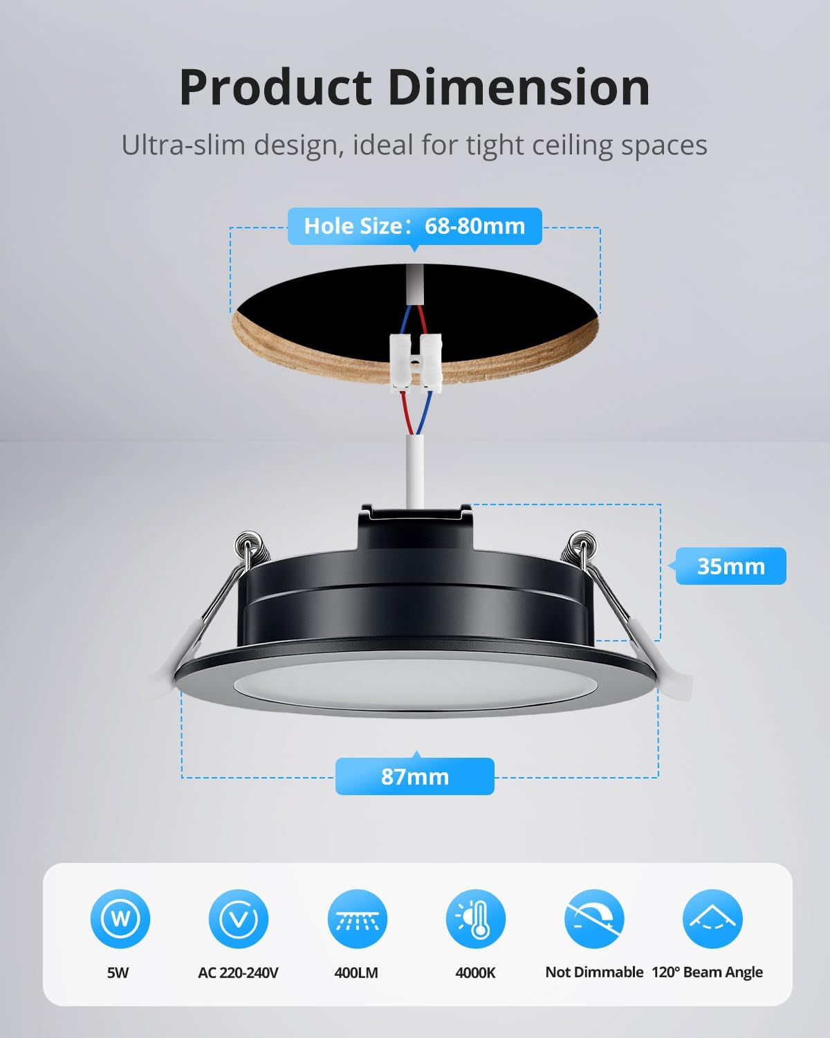 IP65 LED Downlights Ceiling, Black Spotlights 5W 4000K, 10 Pack | Bathroom Downlights, Neutral White 400LM, 68-80Mm Cut Out, 35Mm Ultra-Slim, LED Spot Lights for Kitchen Bedroom Living Room