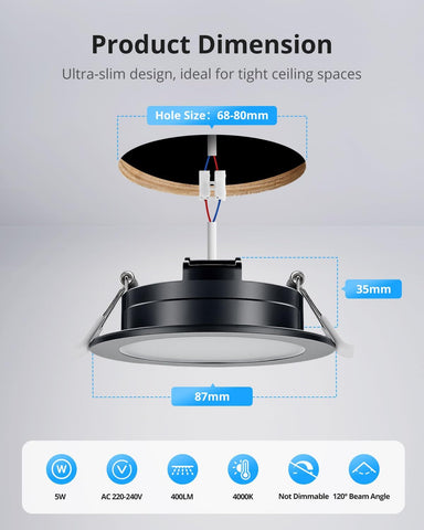 IP65 LED Downlights Ceiling, Black Spotlights 5W 4000K, 10 Pack | Bathroom Downlights, Neutral White 400LM, 68-80Mm Cut Out, 35Mm Ultra-Slim, LED Spot Lights for Kitchen Bedroom Living Room