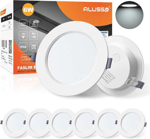 LED Downlights for Ceiling 9W Ultra Slim LED Recessed Ceiling Spot Lights 6500K Cool White IP44 Waterproof Spotlights Ceiling Lights for Bathroom Kitchen Living Room, 6 Pack