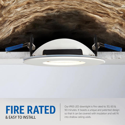 Saxby Orbitalplus Fire Rated Downlight - Dimmable Recessed LED Ceiling Light in Matt White Finish - IP65 Downlights for Bathroom, Shower, Kitchen - 9W LED Module (SMD 2835) Warm White 3000K Colour