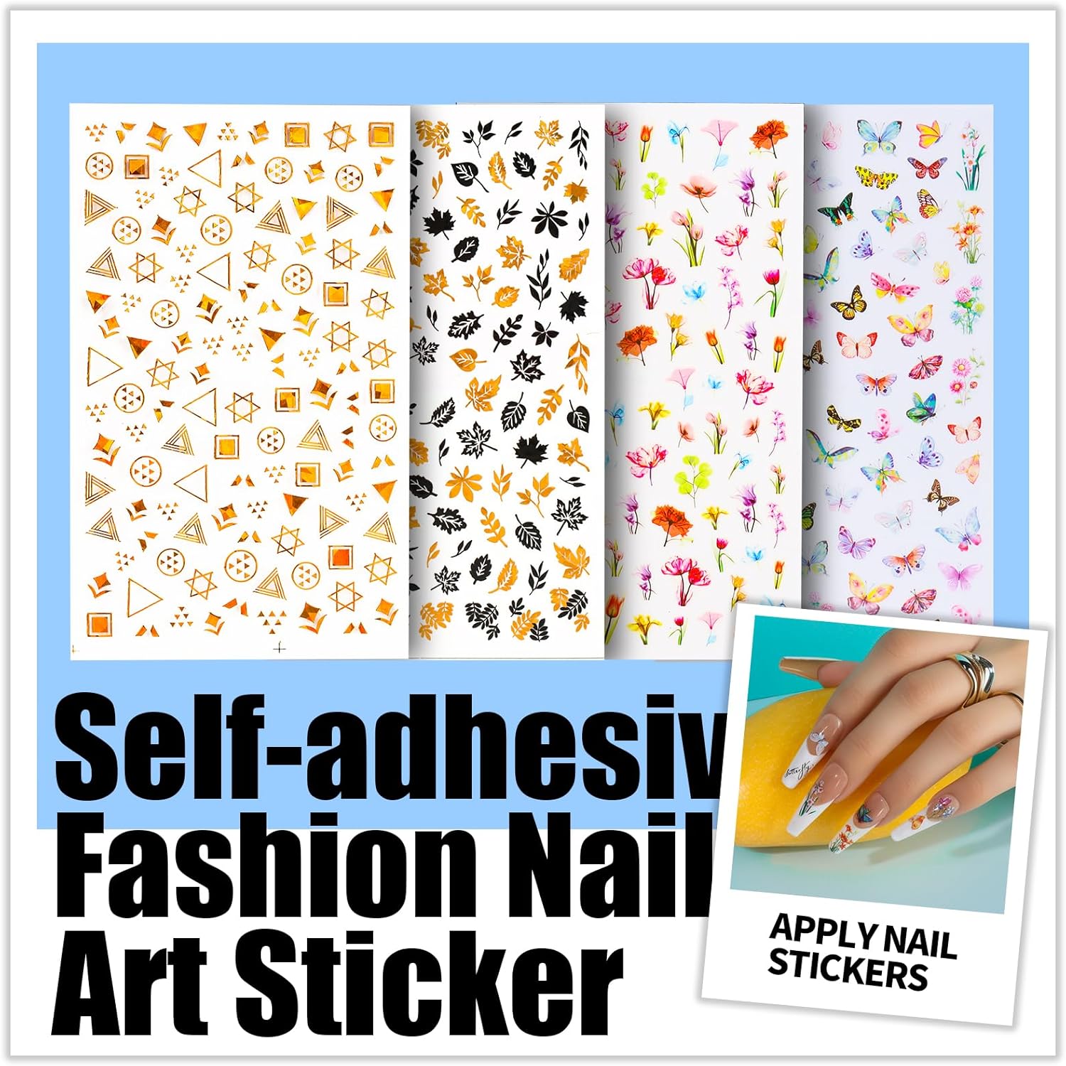 Set of self-adhesive fashion nail art stickers with various designs on a blue background.