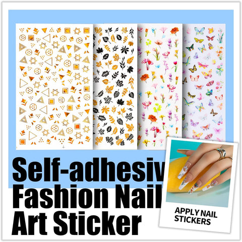 Set of self-adhesive fashion nail art stickers with various designs on a blue background.
