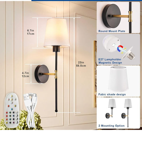 Rechargeable Wireless Wall Sconce Set, Remote Controlled Adjustable LED Light, Battery Powered Decorative Lamp for Bedroom and Living Spaces