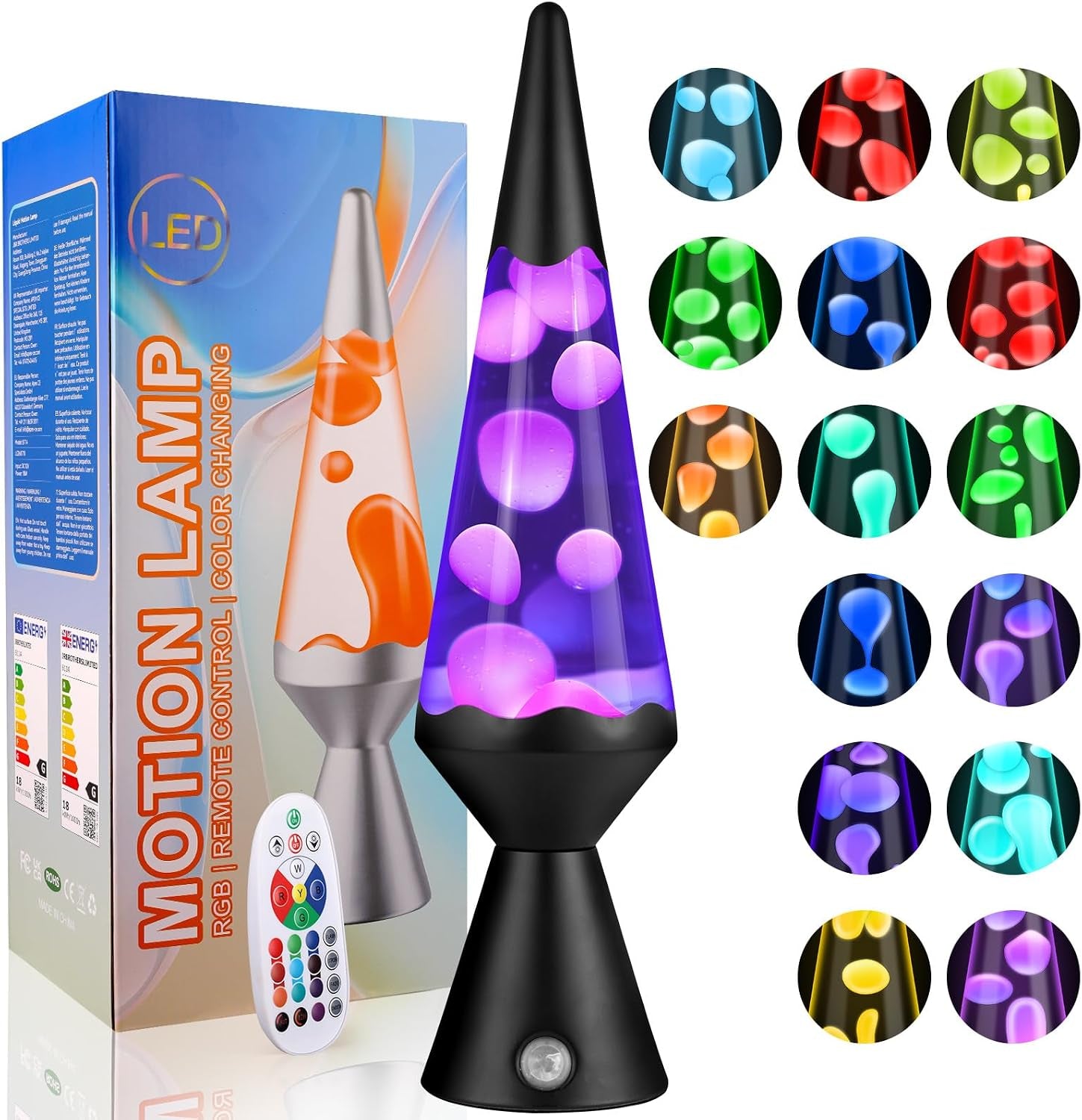 13.5″ Liquid Motion Lamp, 15 Colour Changing with Remote | LED Mood Lighting for Bedroom Decor, Calming Lava Flow Effect, Remote 15 Colours, Ideal Gift for Kids & Adults-Grey Base