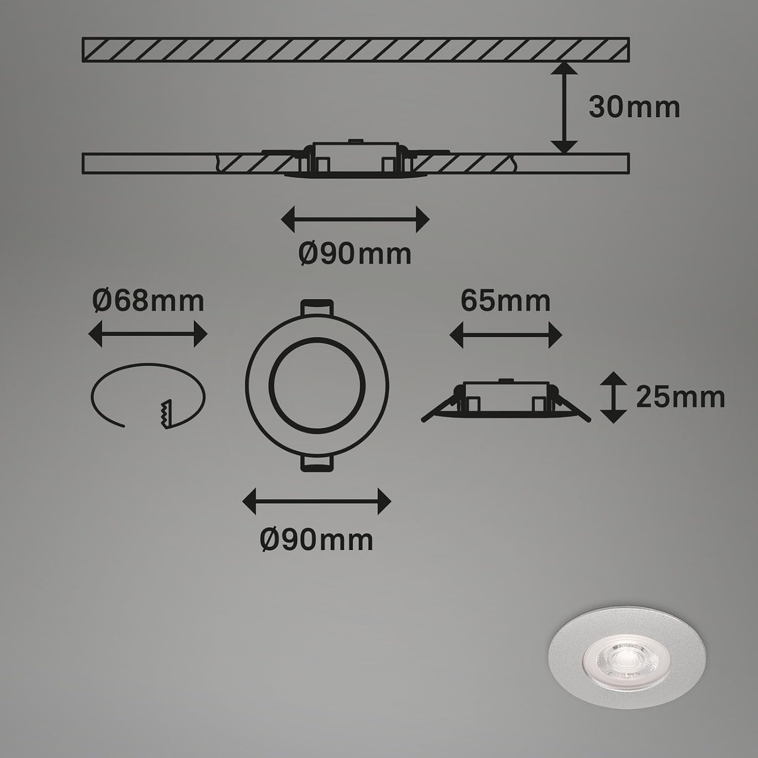 - Set of 4 Recessed Ceiling Lights, Dimmable, Ultra-Flat LED Recessed Lights, Bathroom Recessed Spotlight, Bathroom Recessed Spot IP44, Matt Chrome, 90X25Mm (Dxh)