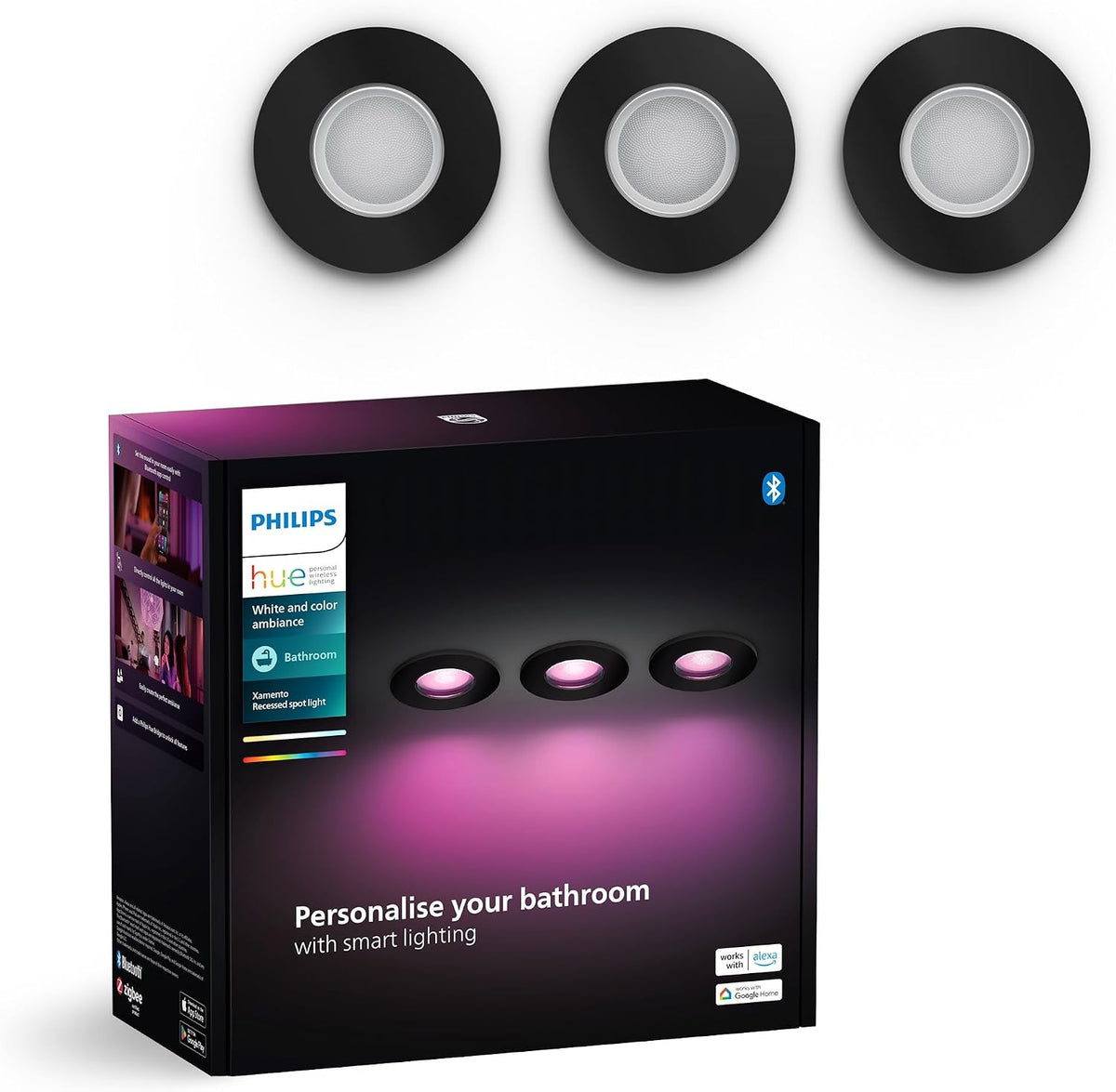 Philips Hue White & Color Ambiance Xamento Recessed Spotlights 3-Pack, Dimmable Bathroom Lights for Hue Lighting System with 16 Million Colours, Intelligent Light Control via Voice and App, Black