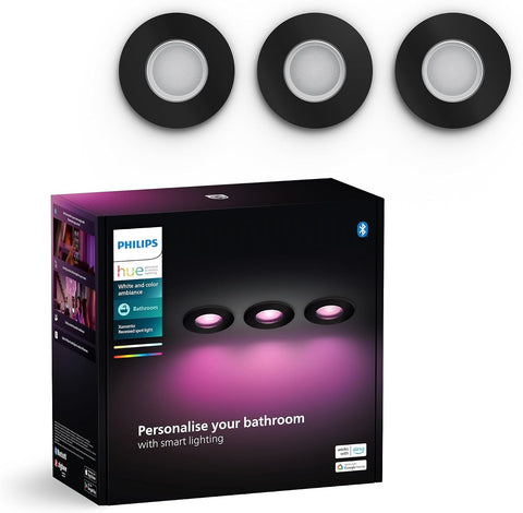 Philips Hue White & Color Ambiance Xamento Recessed Spotlights 3-Pack, Dimmable Bathroom Lights for Hue Lighting System with 16 Million Colours, Intelligent Light Control via Voice and App, Black