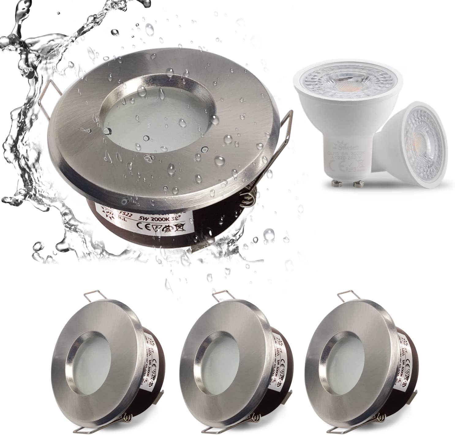4X 5W IP65 Waterproof LED Recessed Ceiling Lights, Warm White 3000K 430LM, Suitable for Bathroom and Kitchen Spotlights (Including GU10 Lamp Holder) White Downlight Cut-Out 68Mm