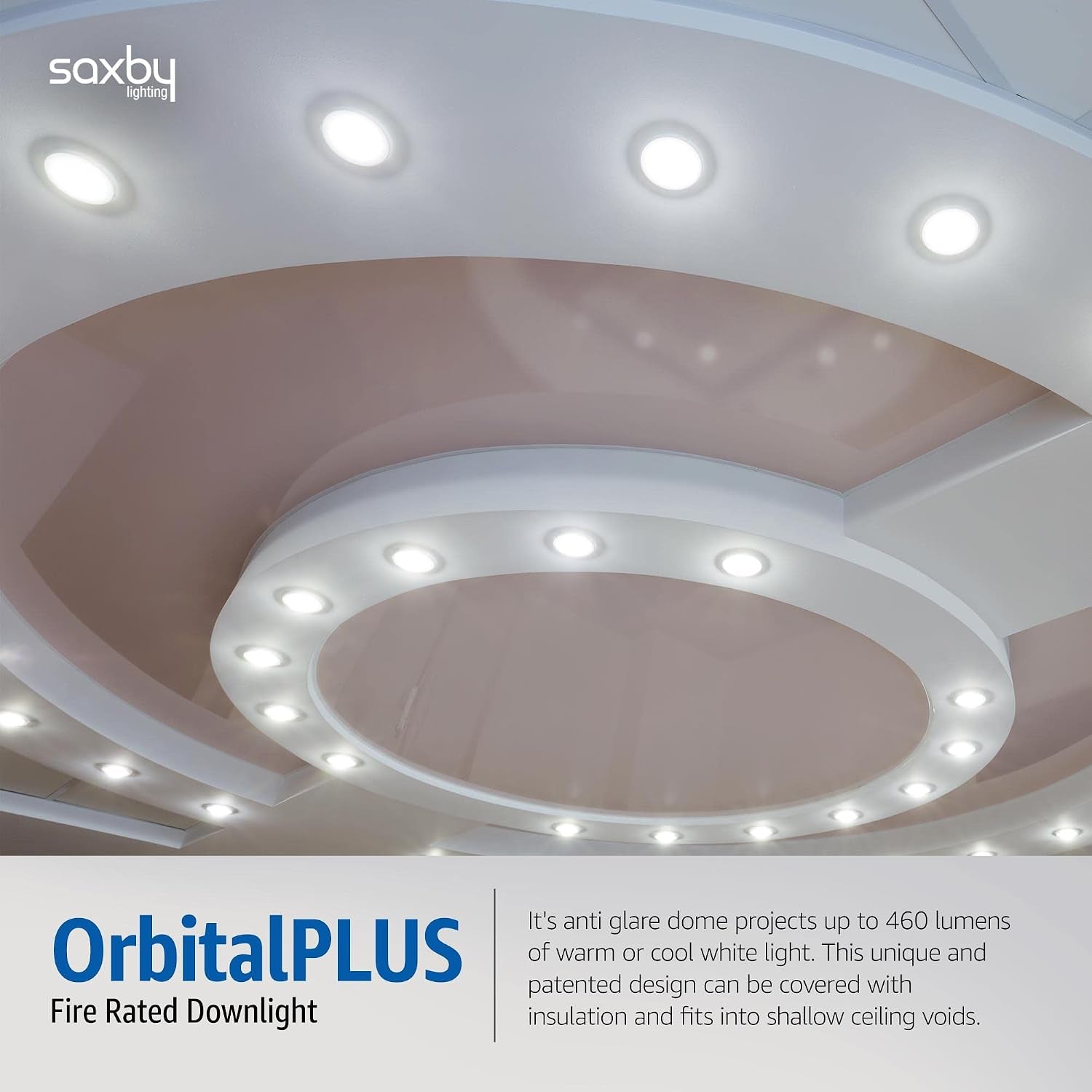 Saxby Orbitalplus Fire Rated Downlight - Dimmable Recessed LED Ceiling Light in Matt White Finish - IP65 Downlights for Bathroom, Shower, Kitchen - 9W LED Module (SMD 2835) Warm White 3000K Colour