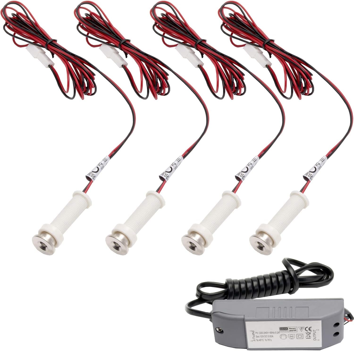 4X round LED Mini Plinth Light Kit | Stainless Steel & Warm White | Bathroom & Kitchen Skirting Kickboard Spot Lights | Recessed/Flush Cabinet Counter Panel Lighting
