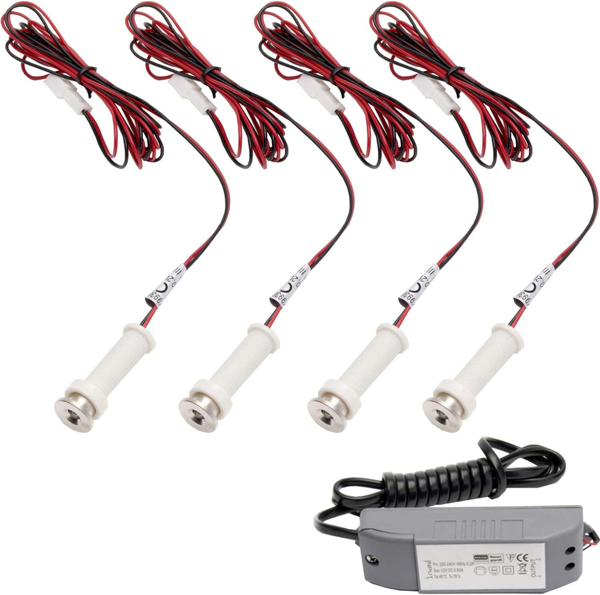 4X round LED Mini Plinth Light Kit | Stainless Steel & Warm White | Bathroom & Kitchen Skirting Kickboard Spot Lights | Recessed/Flush Cabinet Counter Panel Lighting