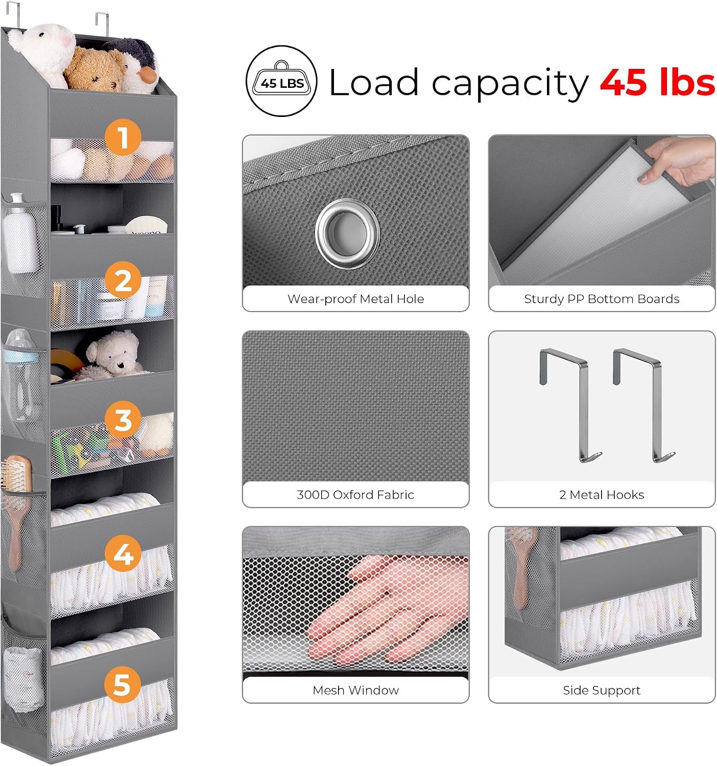 5-Shelf Hanging Storage Pockets, Pack of 1 Back Door Organiser Storage, behind Door Storage Organizer for Bedroom Living Room, Grey Overdoor Storage Organiser, Nursery Hanging Storage