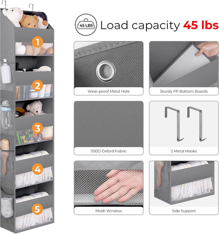 5-Shelf Hanging Storage Pockets, Pack of 1 Back Door Organiser Storage, behind Door Storage Organizer for Bedroom Living Room, Grey Overdoor Storage Organiser, Nursery Hanging Storage