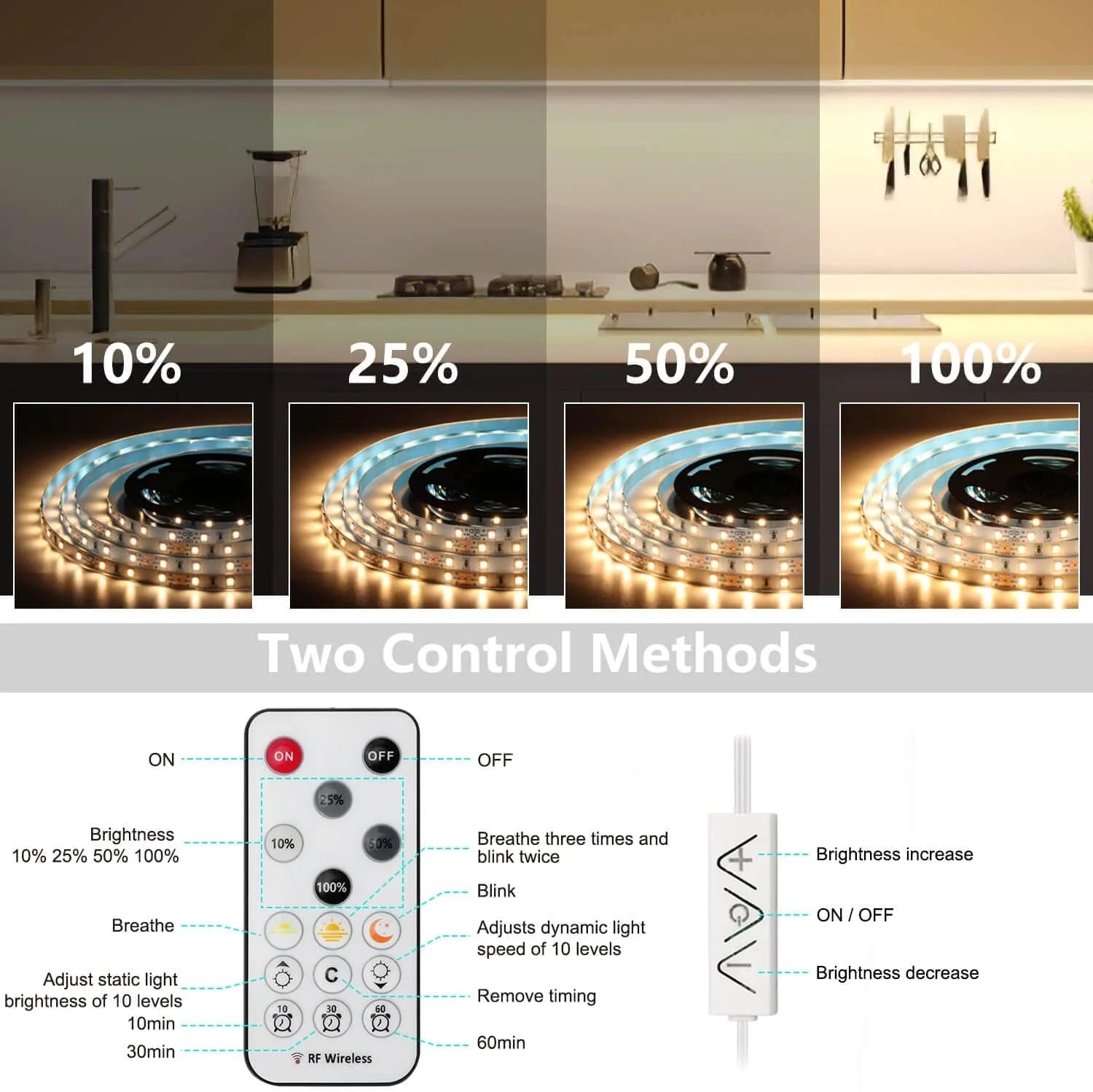 Under Cabinet LED Strip Lights Kit 3M Warm White Dimmable with Remote