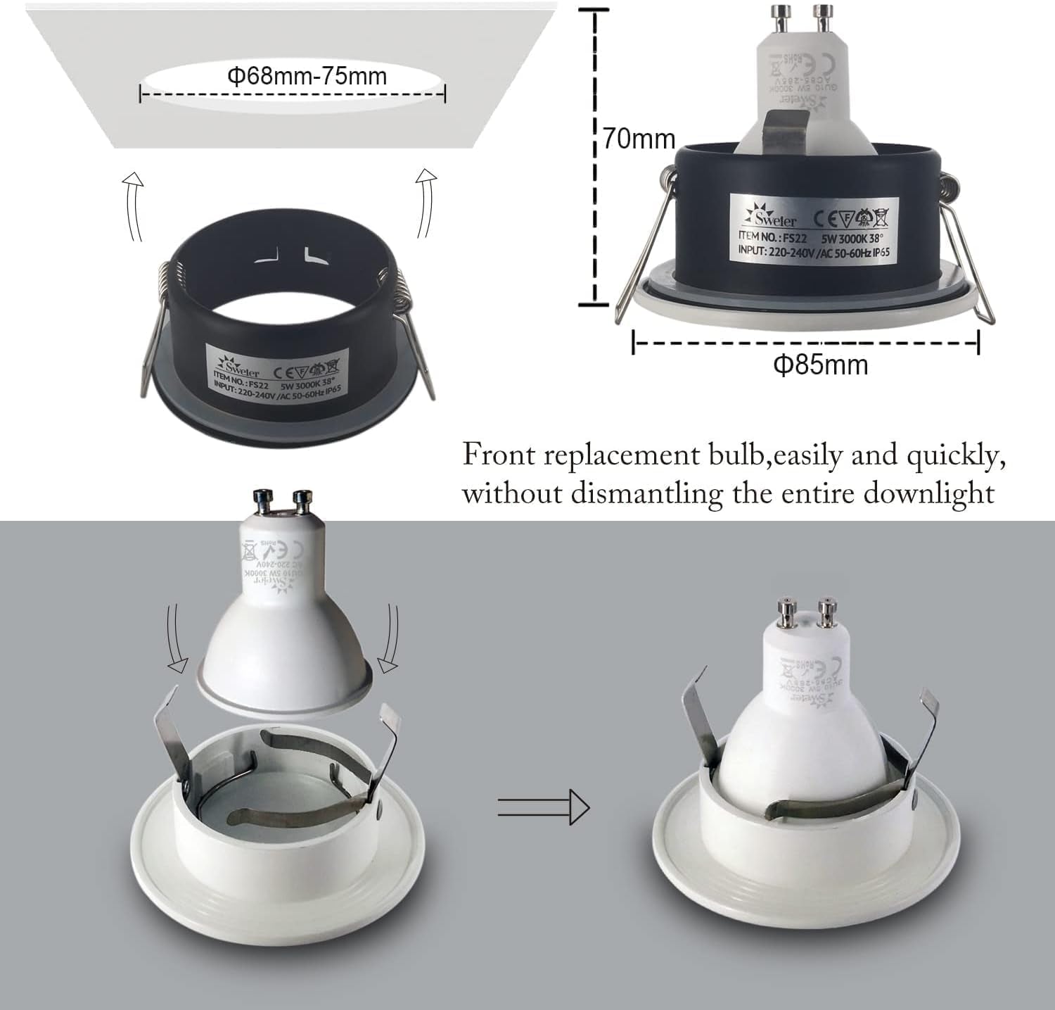 LED Downlights 5W, GU10 IP65 Bathroom Spotlights 3000K Warm White, 430LM Waterproof Recessed Ceiling Lights for Shower, Kitchen, Cut Out 68-75Mm 4 Pack