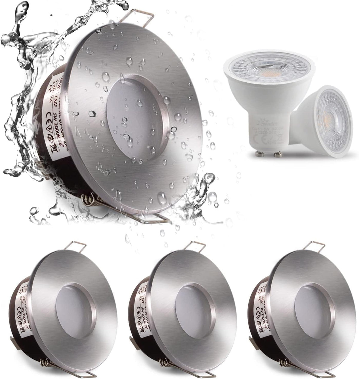 LED Downlights 5W, GU10 IP65 Bathroom Spotlights 3000K Warm White, 430LM Waterproof Recessed Ceiling Lights for Shower, Kitchen, Cut Out 68-75Mm 4 Pack