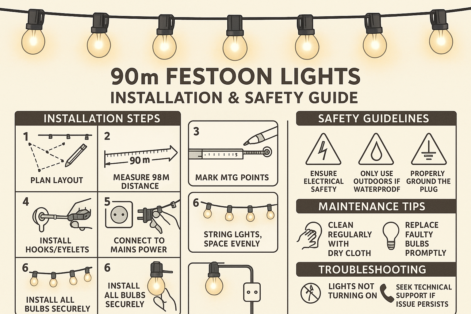 90m festoon lights installation and safety guide with step-by-step instructions and safety guidelines.
