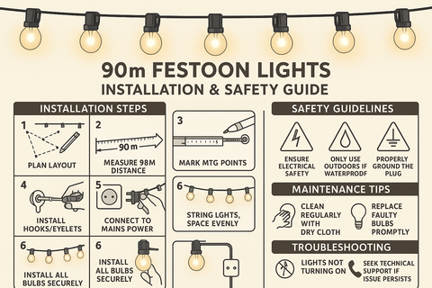 90m festoon lights installation and safety guide with step-by-step instructions and safety guidelines.