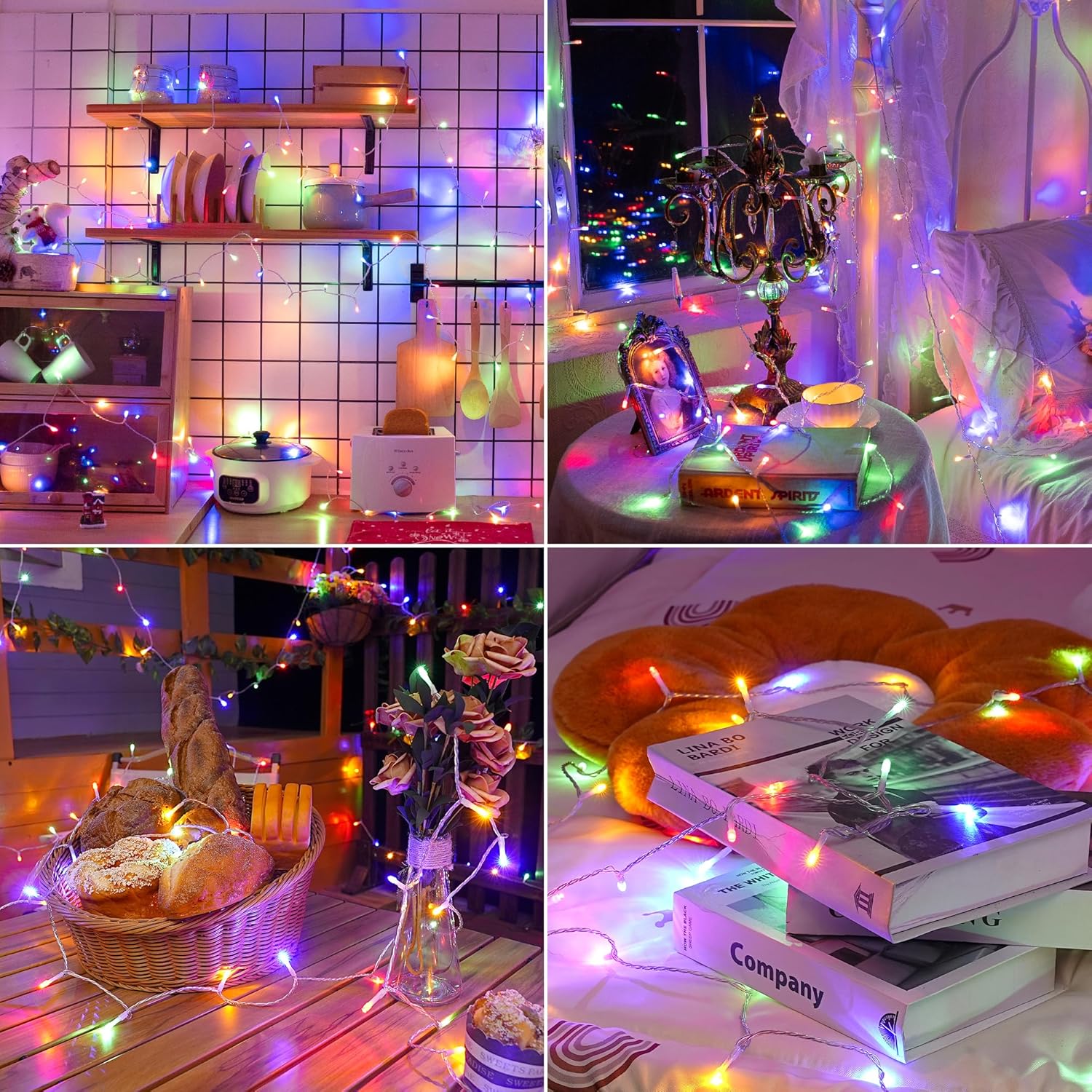 Collage of various scenes with colorful string lights, including a kitchen, living room, and table.