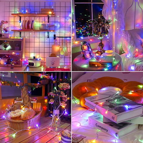 Collage of various scenes with colorful string lights, including a kitchen, living room, and table.