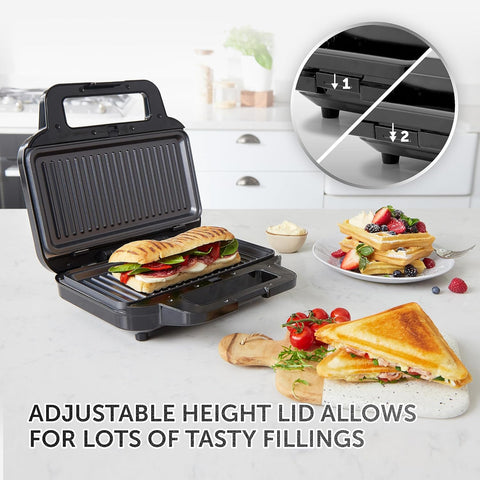 3-in-1 Snack Maker – Toastie, Waffle & Panini Press | Deep Fill, Removable Non-Stick Plates | Black & Steel [VST098]