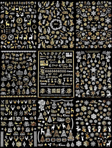 9 Sheets Christmas Nail Art Stickers Gold & White – Self-Adhesive Reindeer