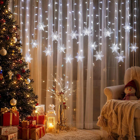 Christmas Snowflake Curtain Lights – 96 Warm White LEDs, 8 Lighting Modes & Remote Control for Windows – Bring a Little Winter Magic to Every Evening