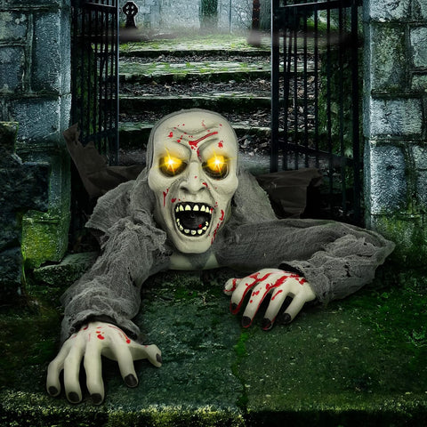 JOYIN Halloween Light-Up Zombie Groundbreaker with Motion-Activated Creepy Sound & Flashing Eyes – Animated Outdoor Zombie Decoration for Gardens, Lawns, Patios & Haunted Houses