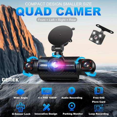 GEMEK 4-Channel 360° Dash Cam with 1080P Front & Rear, Night Vision