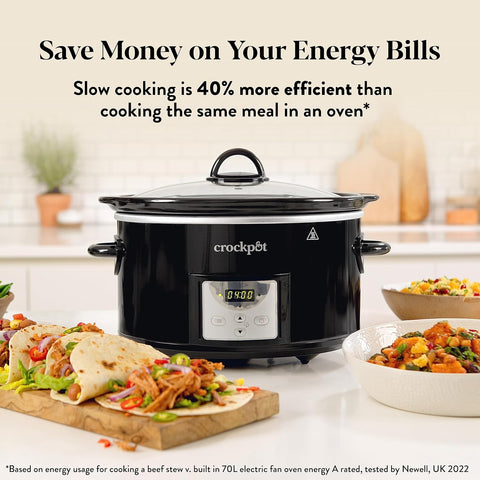 Crockpot Digital Slow Cooker 3.5L for 3-4 People – Programmable Timer, Black, UK 3-Pin Plug – Easy & Convenient Cooking