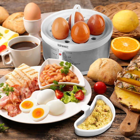 Electric Egg Boiler EB35 350W 7-Egg Steamer with Omelette & Poaching Trays – White & Stainless Steel