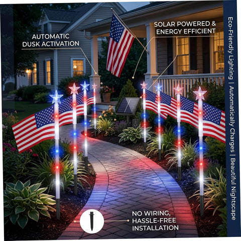 4th Of July Decorations Outdoor, Red White And Blue Solar Lights Outdoor 8 Flag 4th Of July Decorations Led Star Stake Lights, Patriotic Yard Decor, Red White and Blue Solar