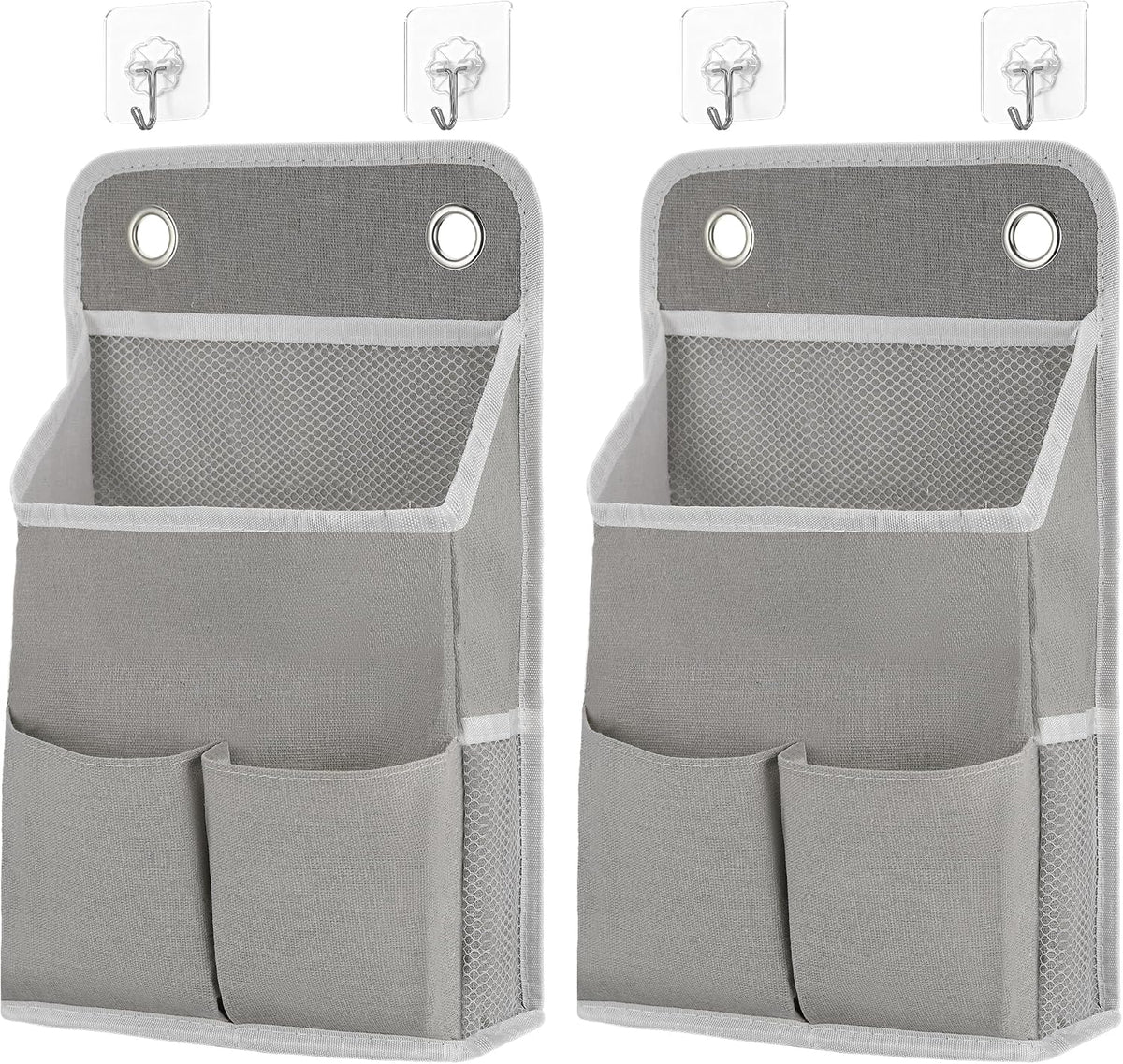 2 Pack Foldable Wall Hanging Storage Bags with 4 Hooks, Cotton-Linen Organisers with Waterproof PE Lining, 3 Pockets Each for Bathroom, Bedroom and Wardrobe, Beige