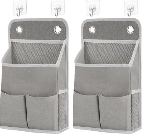 2 Pack Foldable Wall Hanging Storage Bags with 4 Hooks, Cotton-Linen Organisers with Waterproof PE Lining, 3 Pockets Each for Bathroom, Bedroom and Wardrobe, Beige