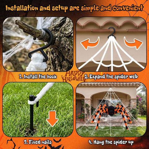 BOSONER Giant Spider Web Halloween Decorations with 50-Inch Large Spider & 16.4 × 15.7 ft Web – Outdoor Halloween Decorations for Gardens, Front Doors, Parties & Haunted Houses
