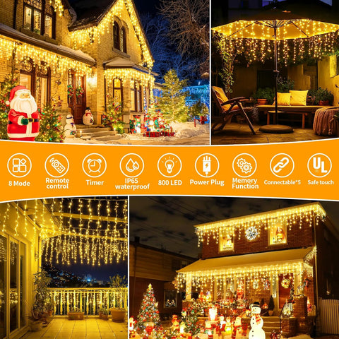 Outdoor Christmas Icicle Lights Mains Powered – 25M + 5M, 800 Warm White LED Waterproof Icicle Fairy Lights with Remote, 8 Modes, Dimmable & Timer - Turn Dark Winter Evenings Into a Cosy Christmas Glow