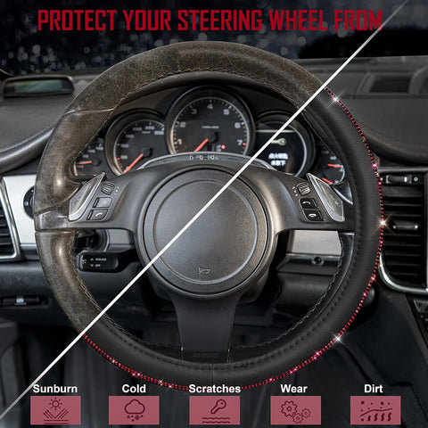 Bling Diamond Leather Steering Wheel Cover – Red Crystal Rhinestones