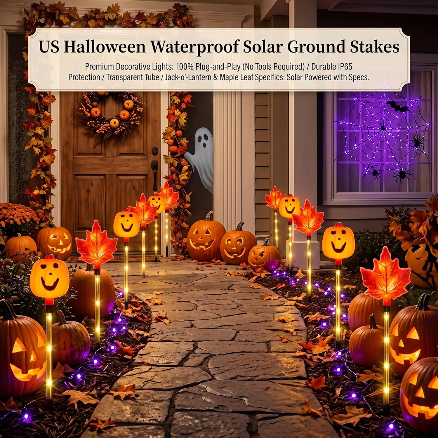 Halloween Pathway Lights, Pumpkin & Maple Waterproof Solar Powered Halloween Pathway Decor