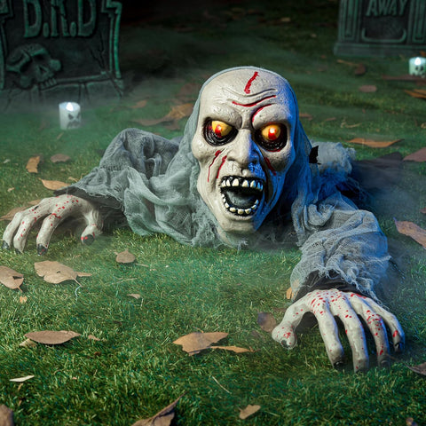 JOYIN Halloween Light-Up Zombie Groundbreaker with Motion-Activated Creepy Sound & Flashing Eyes – Animated Outdoor Zombie Decoration for Gardens, Lawns, Patios & Haunted Houses