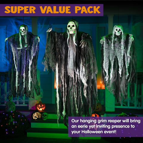 JOYIN 3 Pack Hanging Halloween Skeleton Grim Reaper Decorations – Scary Ghost Skeletons with Adjustable Arms for Indoor & Outdoor Halloween Displays, Parties & Events